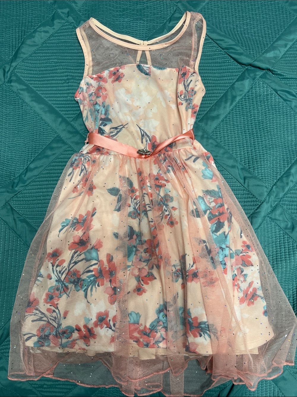 Girls Floral Tulle Party Dress - Peach